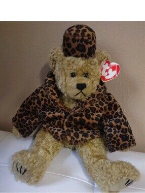 TY 1993 Jointed Isabella Teddy Bear Plush Leopard Coat Hat "Puttin' on the Ritz"